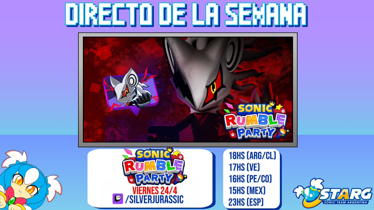 ¡Participamos del Desafío de Infinite en #SonicRumbleParty!

✪ SONIC RUMBLE PARTY
✮ Evento de Yermo
✮ Viernes 24/4

➤ Twitch: twitch.tv/silverjurassic

Los esperamos para disfrutar de algunas partidas y colaborar en el desafío de Infinite. 
#SonicRumblePartner #Sonic