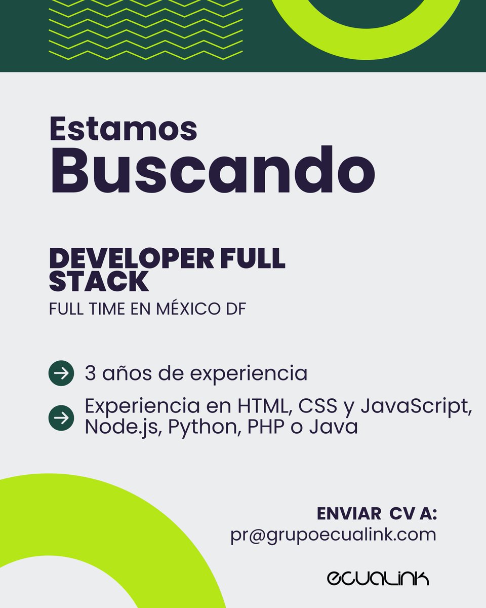 GrupoEcuaLink's tweet photo. 💻 Estamos buscando Full Stack Developer en CDMX

+3 años de experiencia y dominio de HTML, CSS, JS + backend
¿Listo para el siguiente nivel?
📩 Aplica aquí: pr@grupoecualink.com

#Developer #FullStack #TechJobs https://t.co/hyo6Bk4WrA
