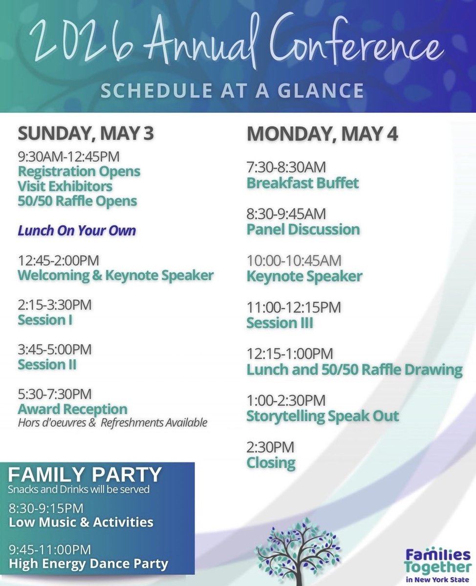 ftnys's tweet photo. Take a look at the 2026 Annual Conference workshop lineup + schedule at a glance! From youth-led panels to sessions on family engagement, peer support &amp; more—focused on real challenges + practical strategies you can use now.  Register + plan: https://t.co/SZFXkbiSKE https://t.co/EtISPcVQhI