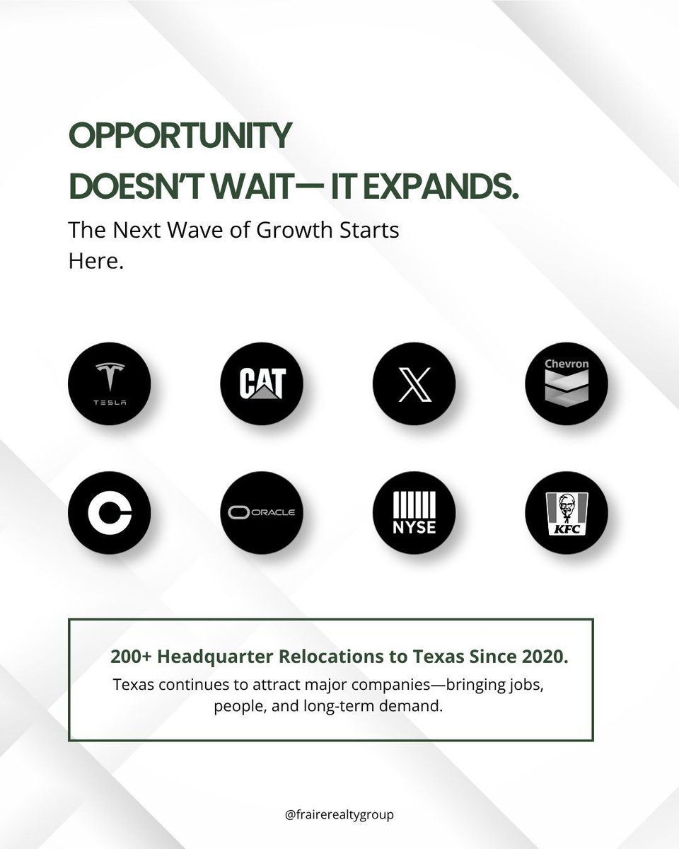FraireRealty's tweet photo. Since 2020, over 200 companies have relocated to Texas, bringing sustained job creation, population growth, and increased demand across key markets.

•

•

•
Source: Texas Economic Development reports
#TexasRealEstate #LandForSale #RealEstateInvesting #LandDevelopment https://t.co/qkdJhSQT5u