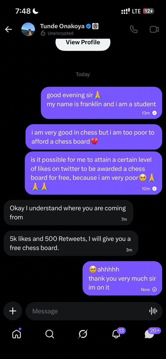 WTF😳
MR TUNDE REPLIED ME😭😭🔥

i have to get 5K LIKES and 500 REPOSTS to win a free chess set 🥹

my mutuals, pleaseee help me get to 5k🙏❤️