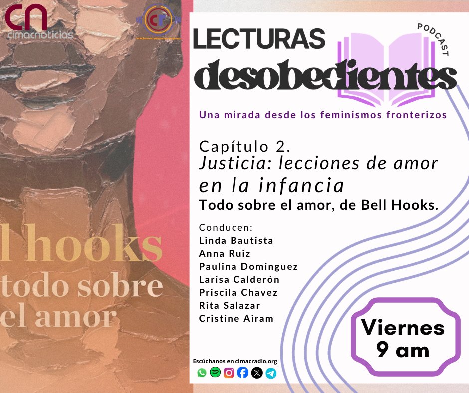 Cimacnoticias's tweet image. ¿Se ha enseñado a amar de forma errónea?
En la próxima sesión de Lecturas Desobedientes 📚✊🏽, se continuará con el análisis del capítulo 2 de Todo sobre el amor, de #bellhooks.
📆24 de abril
⏰ 9 am
📲 En vivo en: facebook.com/agenciacimacno… 🎧cimacradio.org

#CIMACRadio