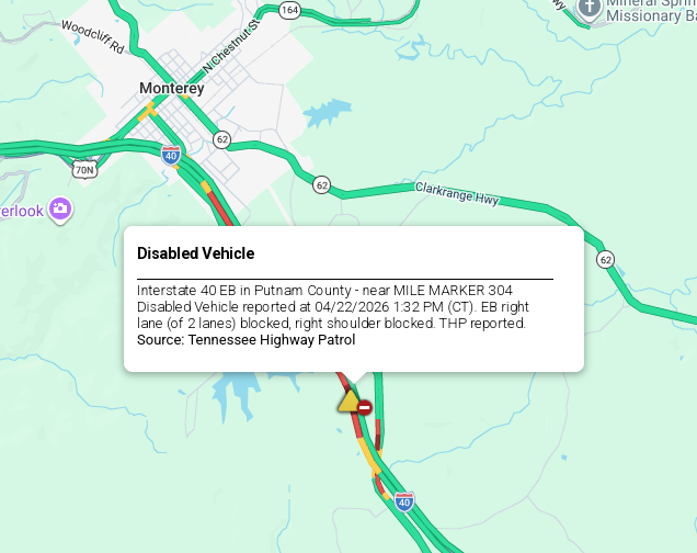 LiveTraffic2's tweet image. Putnam County/Monterey Areaa- Slow go on I-40 eastbound near the 304 mm 2:14pm CT. commanderchuck.net #CommanderChuck #Nashville #Knoxville #Tennessee #TDOT #Traffic #TrafficAlert #Follow #Weather