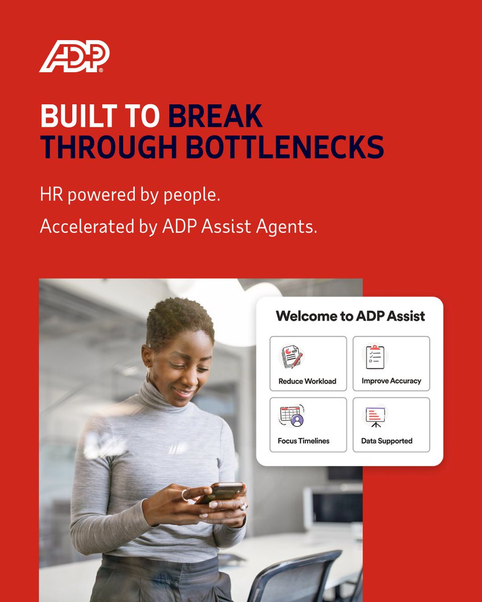 ADP's tweet image. Make payroll review less painful with ADP Assist Agents that can identify and resolve variances. Learn how our agents support accuracy and enhance experiences for managers, practitioners and employees alike: bit.ly/417KPdi/.

#AIAgents #AgenticAI #Payroll #HRTechnology