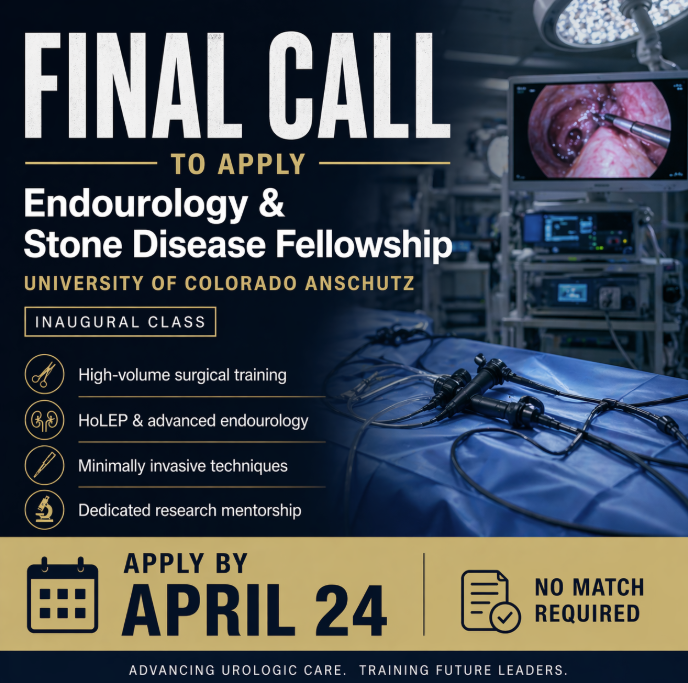 CU_Urology's tweet photo. ⏳ Last chance
Endourology &amp; Stone Disease Fellowship
University of Colorado Anschutz
Apply: https://t.co/gjjwkJi8OG
Deadline April 24
#Urology #Endourology #Fellowship #CUAnschutz #ApplyNow https://t.co/4eoiwcvvCC