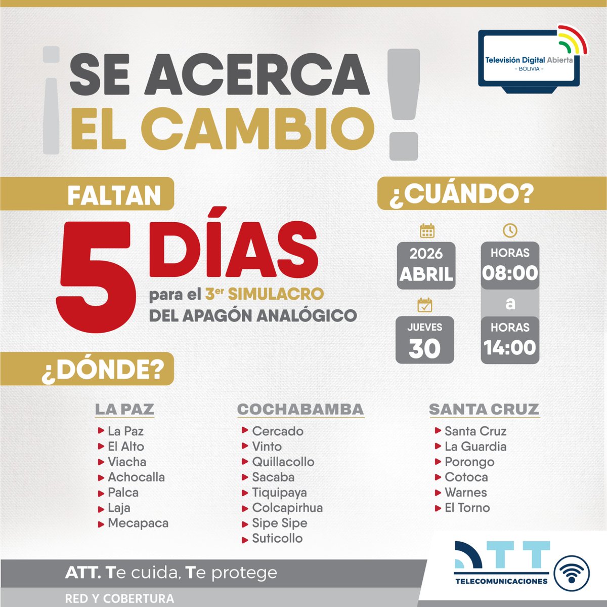 ATTBolivia's tweet photo. 📡✨ Apagón Analógico
La señal evoluciona y tú puedes ser parte del cambio 
Ajusta tus equipos, mantente informado y no te quedes sin conexión 📺

El futuro de la TV ya está aquí 🔜
#TelevisiónDigital #TDT #CambioDigital #BoliviaConectada #Innovación #Tecnología #SeñalDigital https://t.co/MTsgZRZkfM