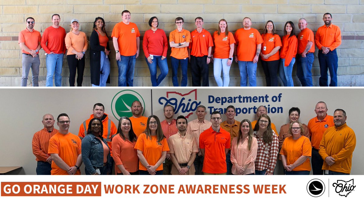 ODOT_EasternOH's tweet photo. ORANGE DAY! ODOT employees across the state today wore orange to show their support for National Work Zone Awareness Week. Please pay attention in work zones, slow down, and when possible, move over. #NWZAW #ODOTWorks https://t.co/5upWDKOxKN