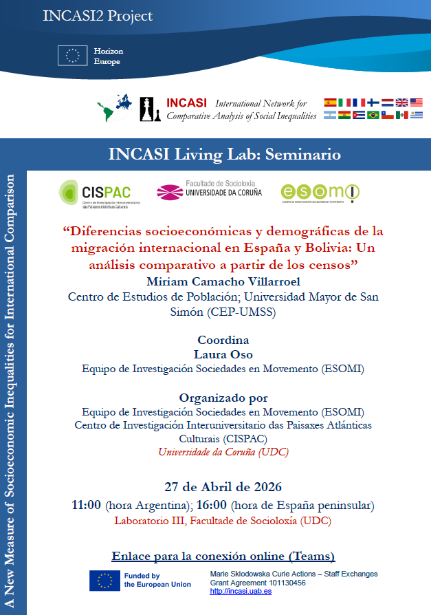 esomi_udc's tweet image. ♟️ INCASI Living Lab

📅 27 abril · 16:00 (ES) / 11:00 (AR)

👩💻 Miriam Camacho Villarroel
Dir. Centro de Estudios de Población (UMSS, Bolivia)
📍 UDC + 💻 online
🔗 teams.microsoft.com/meet/357009456…

#INCASI2 #LivingLab #Migración