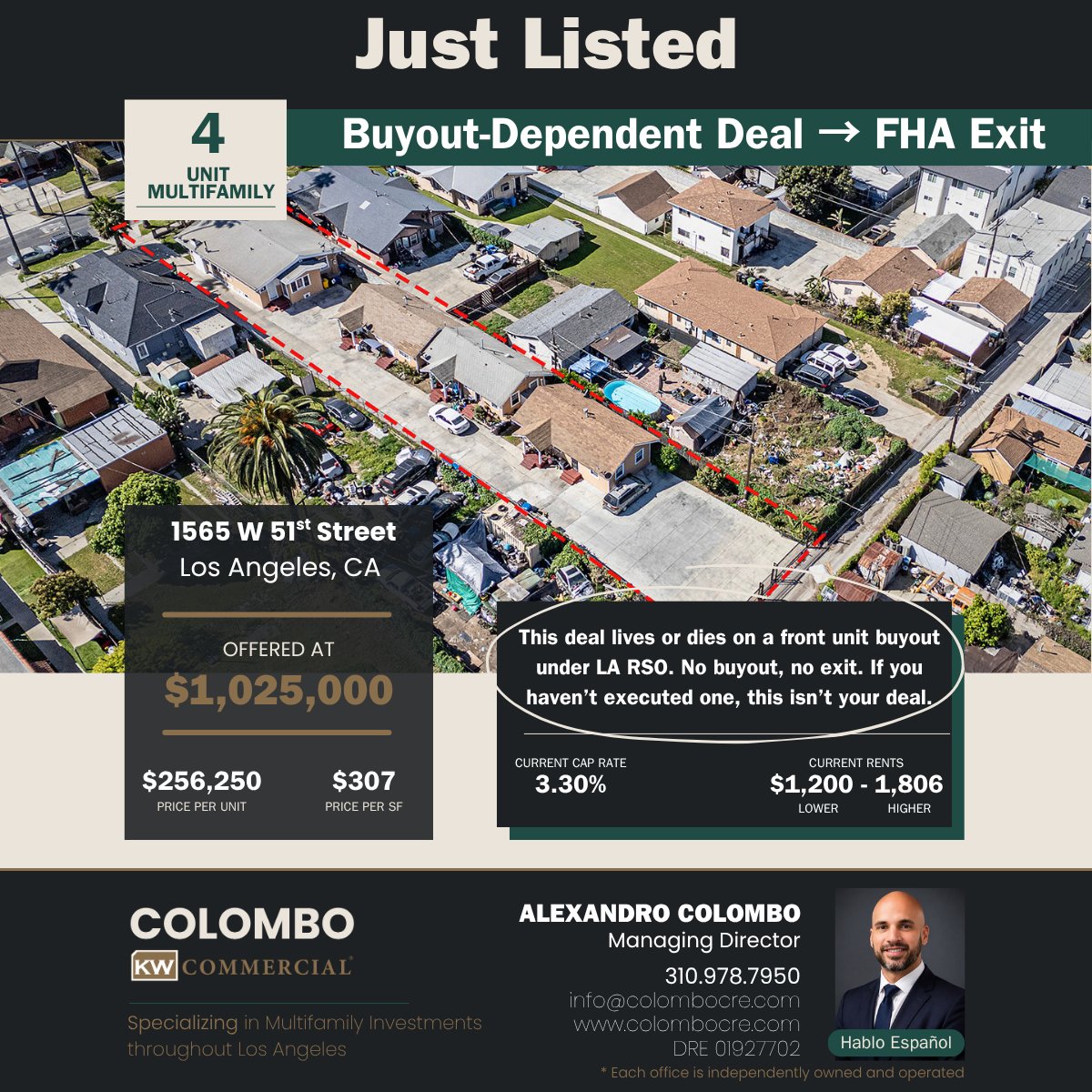 AlexColomboCRE's tweet photo. 4 units in LA for $256K/unit

Only works if you can do one thing:

Get the front unit vacant

Buyout → clean → FHA exit

No buyout = no deal

1565 W 51st St

If you’ve done this before, call me
Alex Colombo | 310.978.7950 https://t.co/p5wJX2xJb2