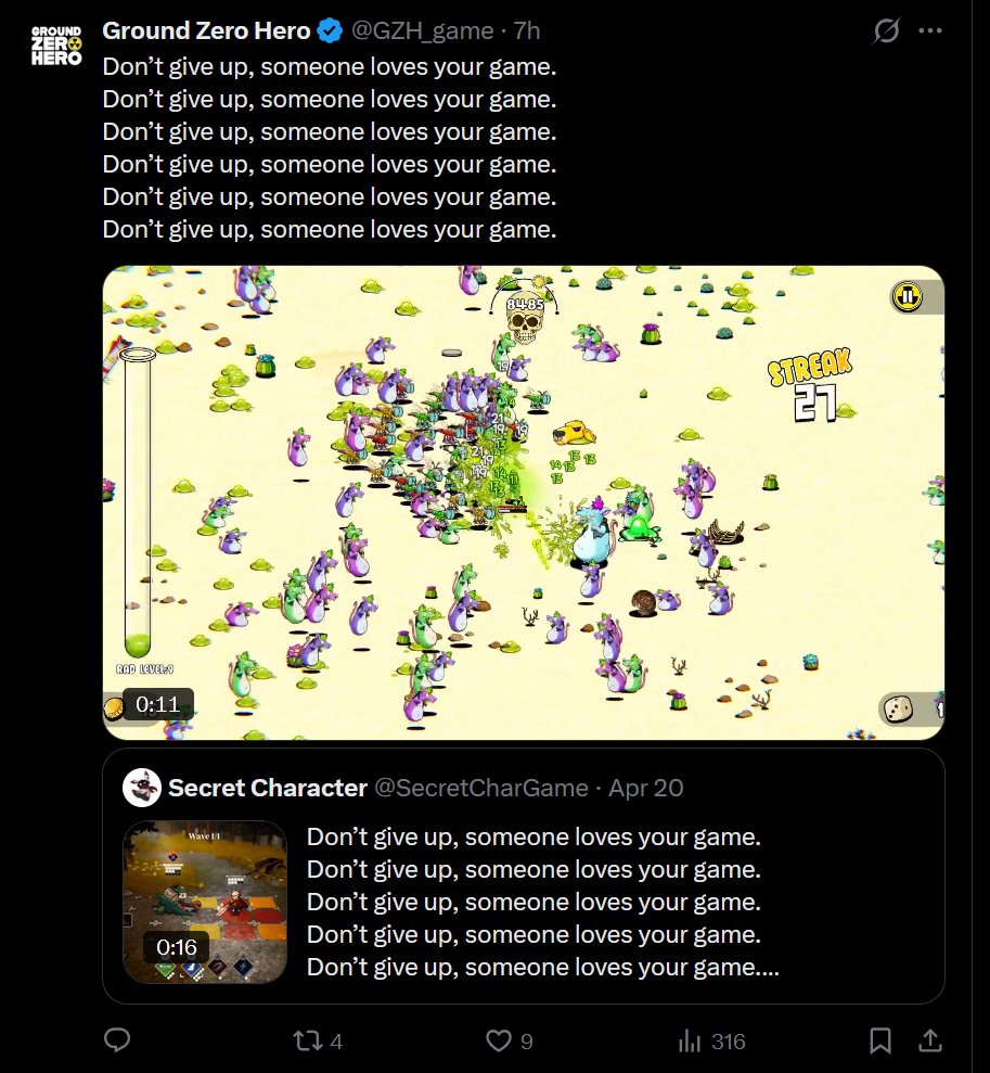 teedoubleuGAMES's tweet photo. Gamedev twitter is a dystopian hellscape. An endless corridor of devs marketing to devs, praying the algorithm-god notices.

We are not building audiences. We are just feeding the algorithm.

"Don't give up, someone loves your game." https://t.co/bU8jG9AdwC