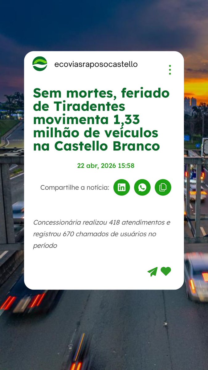 🛣️Confira o balanço do feriado de Tiradentes: 

ecoviasraposocastello.com.br/noticias/sem-m…