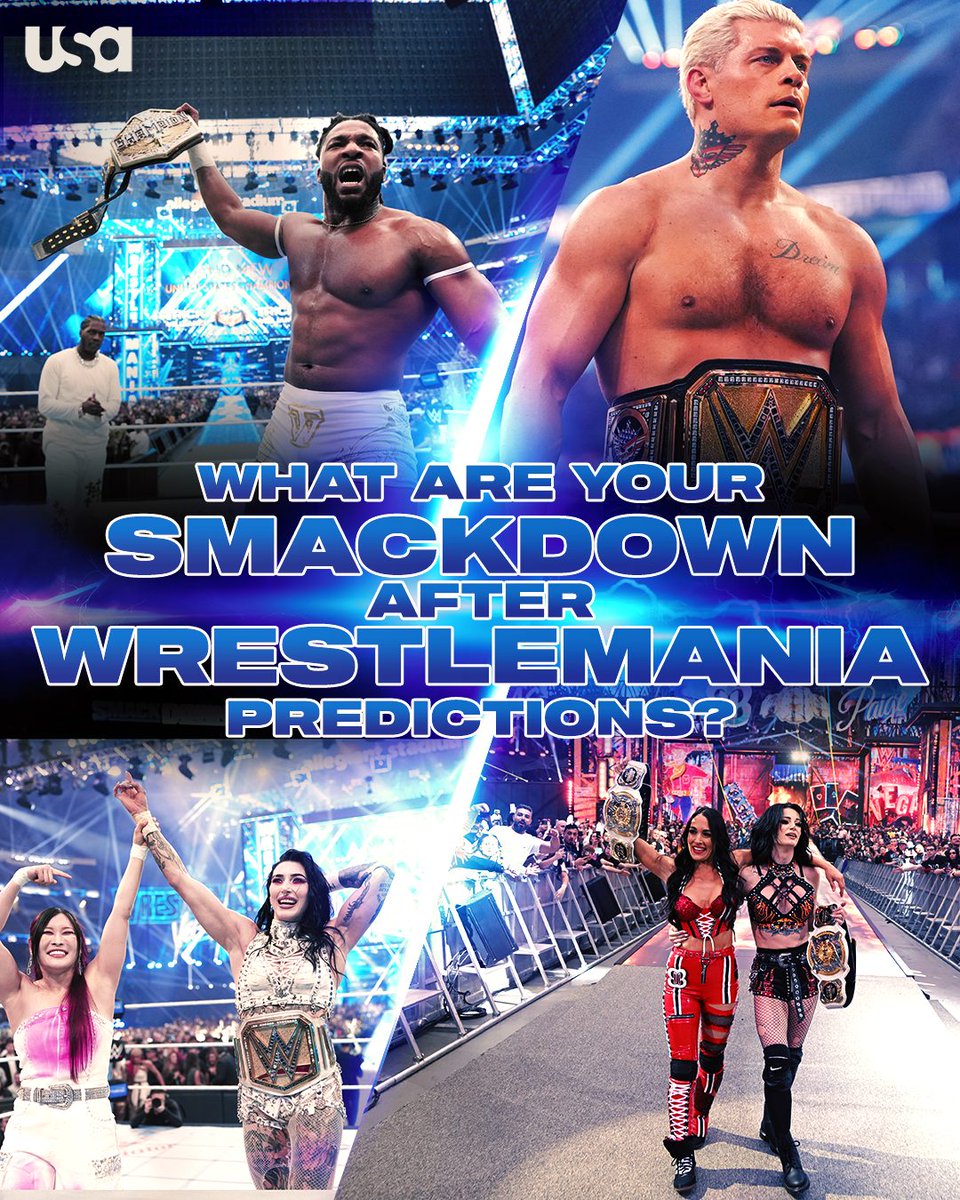 USANetwork's tweet image. Anything can happen on the SmackDown after WrestleMania! Don't miss it Friday at 8/7c on @USANetwork! #WWE #SmackDown