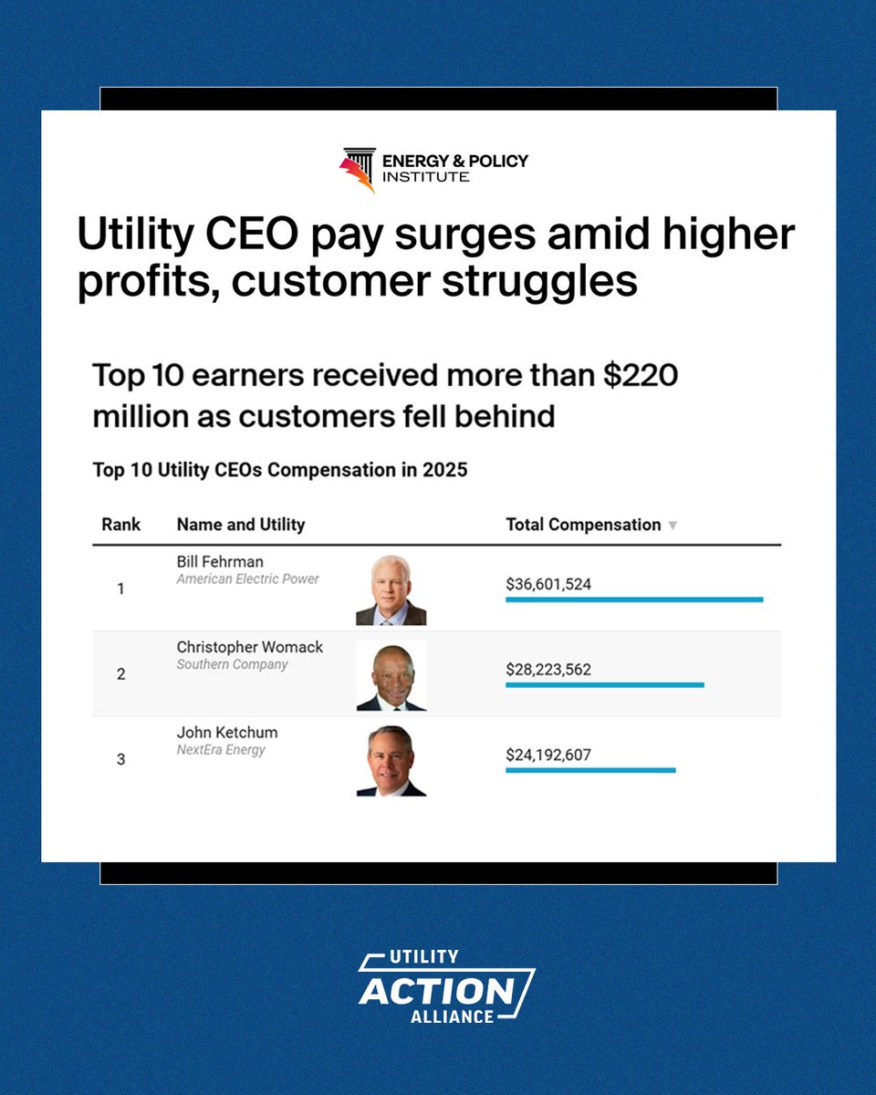 As the full list of top 10 earners receives more than $220 million, the customers they serve are falling behind.

Read the new analysis via <a href="/EnergyandPolicy/">Energy and Policy Institute</a>: energyandpolicy.org/utility-ceo-pa…