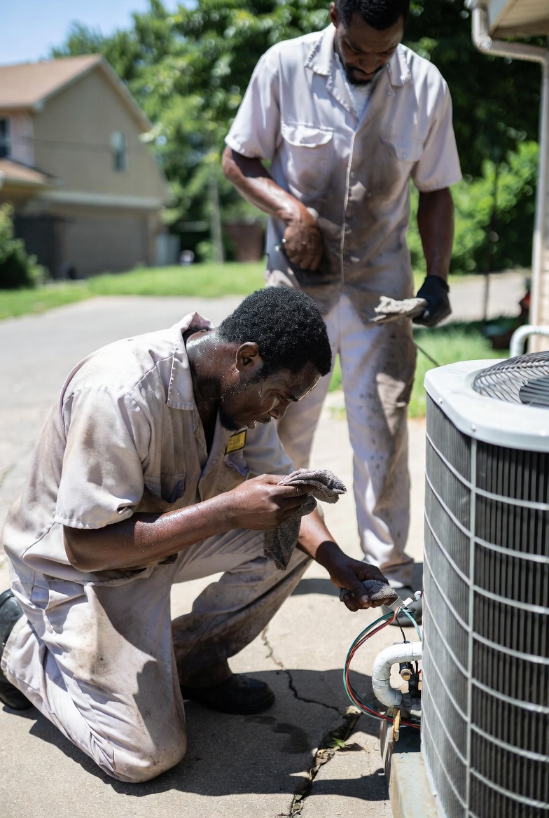 stlairprosHVAC's tweet image. Summer heat got your AC struggling? 📷Two of our techs are out there right now sweating it out so you don’t have to. Dirty coils, low refrigerant, bad capacitors -we fix it. Same-day service
📷 Honest pricing  Call STL Air Pros now!
 #HVAC #StLouis #ACRepair #SummerHeat
📞