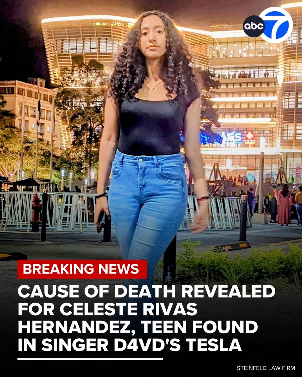 ABC7's tweet image. #BREAKINGNEWS: Celeste Rivas Hernandez, the teenage girl who was found dismembered in a Tesla belonging to musician D4vd last year, died from "multiple penetrating injuries," according to the Medical Examiner's report released on Wednesday.

According to the report, the cause and