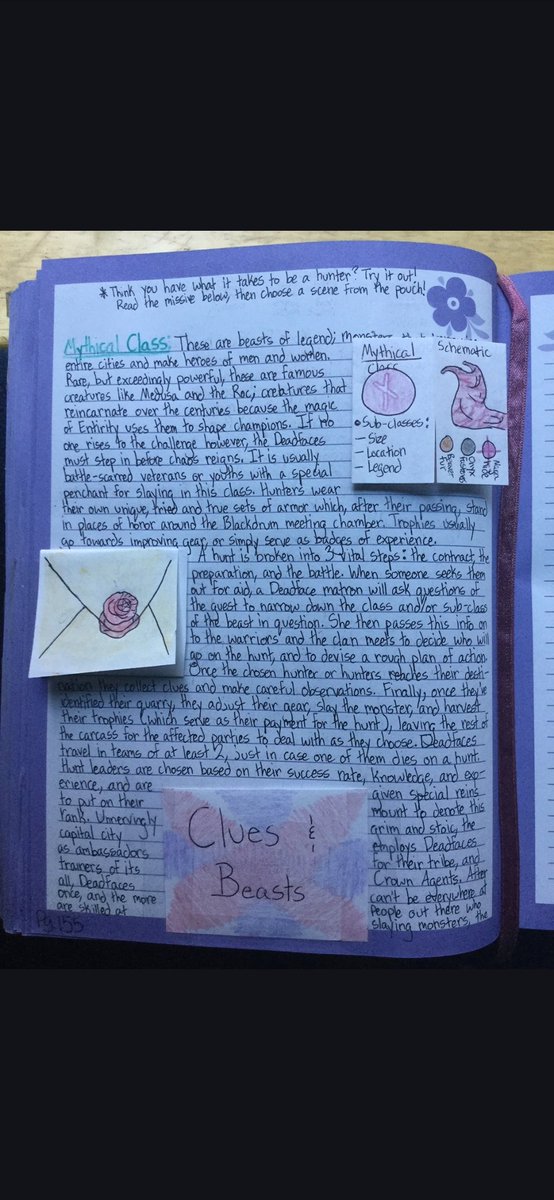 AuthorAlesa's tweet image. A couple pages from the "tribes" section of my world building book, addressing the brutal and intimidating Monster Hunters.

#Worldbuilding #fantasy #writerslife #authorlife