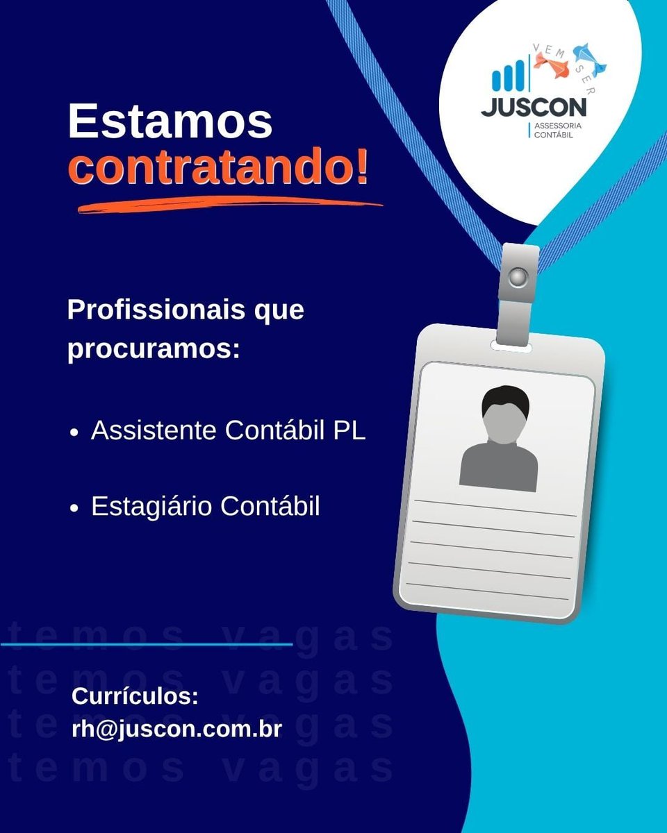 juscon_contabil's tweet photo. Estamos com oportunidades abertas na Juscon!
Se você se identifica com alguma dessas oportunidades, envie seu currículo para: rh@juscon.com.br
Link com os detalhes:https://t.co/k8VsMdghBA
Venha crescer com a gente! https://t.co/aZ0MU3uucK