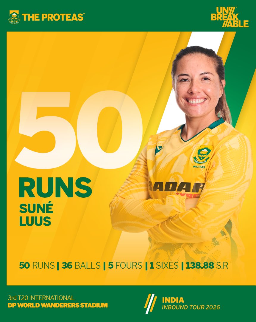 ProteasWomenCSA's tweet photo. Silky Support, Big Impact! 💥

Suné Luus plays a crucial hand as she brings up a composed and valuable half-century in a partnership that has commanded this chase for #TheProteas. 💫🏏

#Unbreakable https://t.co/EHoJneYOFl
