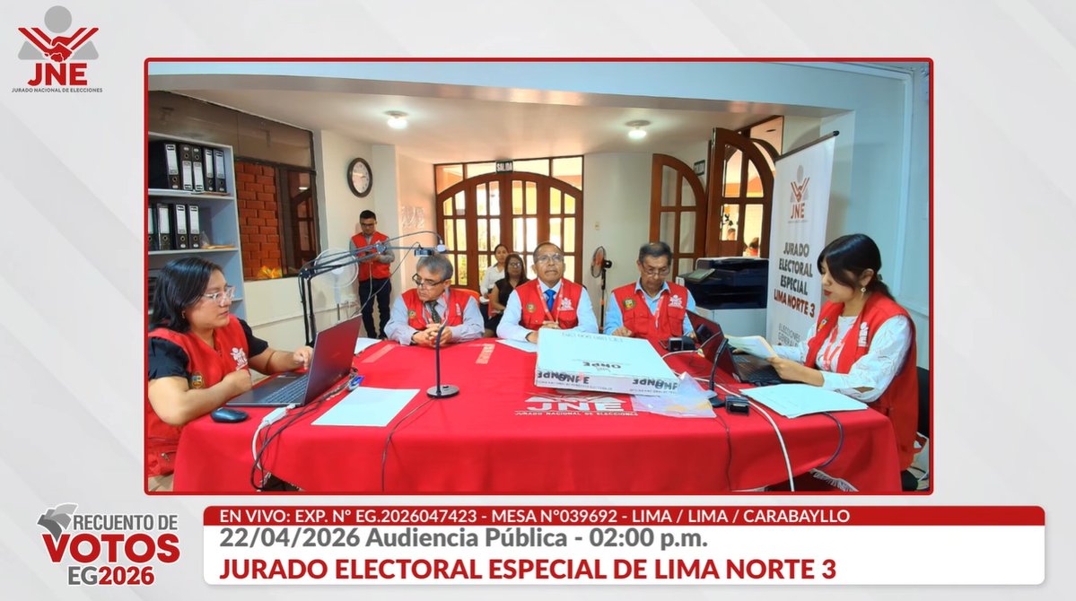 JNE_Peru's tweet image. #EnVivo | #EG2026
Audiencia pública de recuento de votos de actas observadas. 
📍Jurado Electoral Especial de Lima Norte 3⚖️. 
Mesa de sufragio N° 039692 / Carabayllo - Lima - Lima.
👉youtube.com/watch?v=o2mf4f…

#RecuentoTransparente #TuVotoSeRespeta