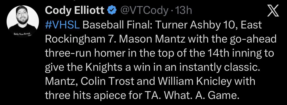 MasonMantz14's tweet photo. Big team win last night against a great  East Rock squad. Our pitching was fantastic and our defense kept us in it for 14 innings which allowed our bats to win it for us. Thankful for the opportunity to do my part. https://t.co/aP6E8iJS3Q