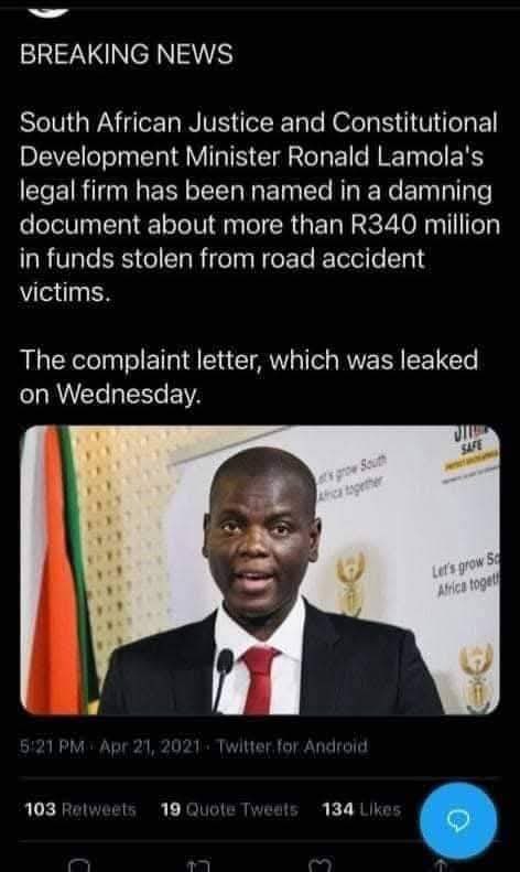 Minister Ronald Lamola’s  Law firm is implicated in the looting of the road accident fund 
Being cadre is one of the best jobs ever I tell you 🤞🏼
