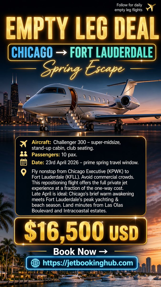 jetbookinghub's tweet image. Fly from Chicago → Fort Lauderdale on a Challenger 300 for just $16,500.

10 passengers. Nonstop. Luxury without the full charter cost.

📅 April 23, 2026
👉 Book now: jetbookinghub.com

#ChicagoIllinoisUSA #PrivateJet #EmptyLeg #LuxuryTravel #FortLauderdaleFloridaUSA