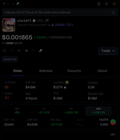 xvic_kn's tweet image. Caught $uncraft pre-pump like a true degen 🚀
Entry: $11.3k  
Current: $2M  
Profit: 177.0X 💰
  
Remember: “The trend is your friend” – ride it while it’s hot! 🔥
  
Who’s next to catch the wave? 🌊 #Crypto #TraderLife #LFG

👉 #uncraft called at: t.me/pumpZclub/1626…
📈