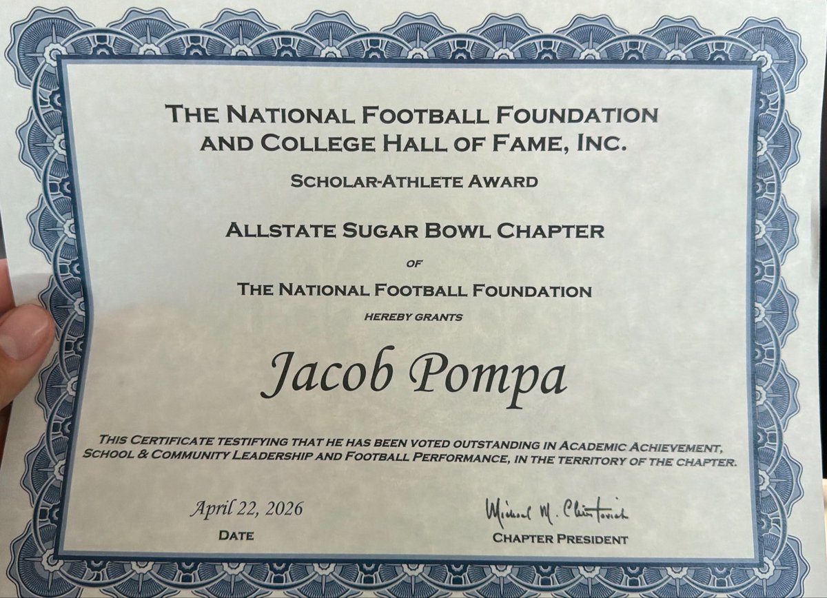 Jacob_Pompa1's tweet photo. Blessed to be awarded 2025-2026 @SugarBowlNola Scholar Athlete! https://t.co/7IJFwsNB3e