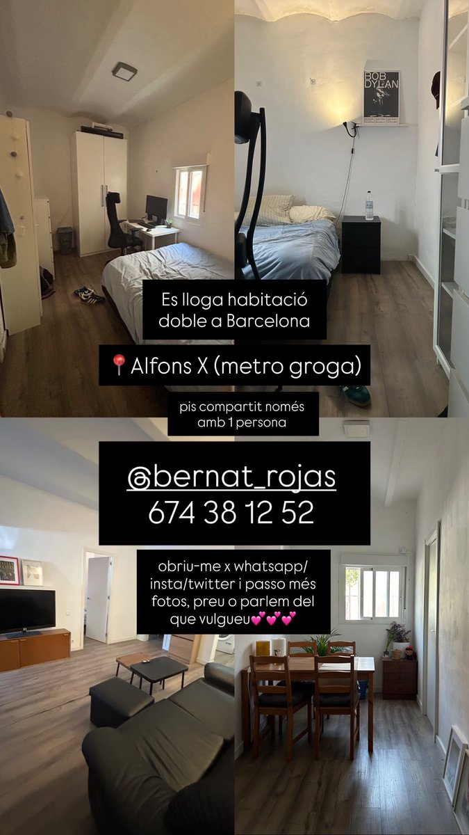 holaaa es lloga habitació gran a Barcelona, metro Alfons X (groga), pis compartit només amb 1 persona. Obriu-me per whatsapp/twitter/insta i passo fotos, preu i parlem del que vulgueuu💕💕💕