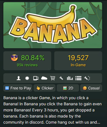 0xSweep's tweet image. People made MILLIONS farming a Steam game that's literally just a picture of a banana

In April 2024, 4 guys released a free Steam game called Banana as an April Fools joke

The entire game is a picture of a banana on a green background that you click

There's no levels, no