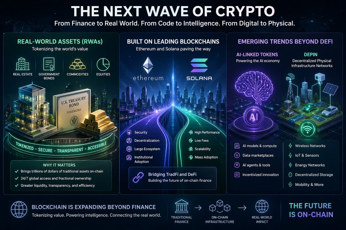 MasterMastac's tweet photo. Crypto is shifting toward “real-world assets” (RWAs), where blockchains tokenize things like real estate and bonds. Platforms built on Ethereum and Solana are leading. Meanwhile, AI-linked tokens and decentralized physical infrastructure networks (DePIN) are emerging as new trends beyond traditional DeFi.
