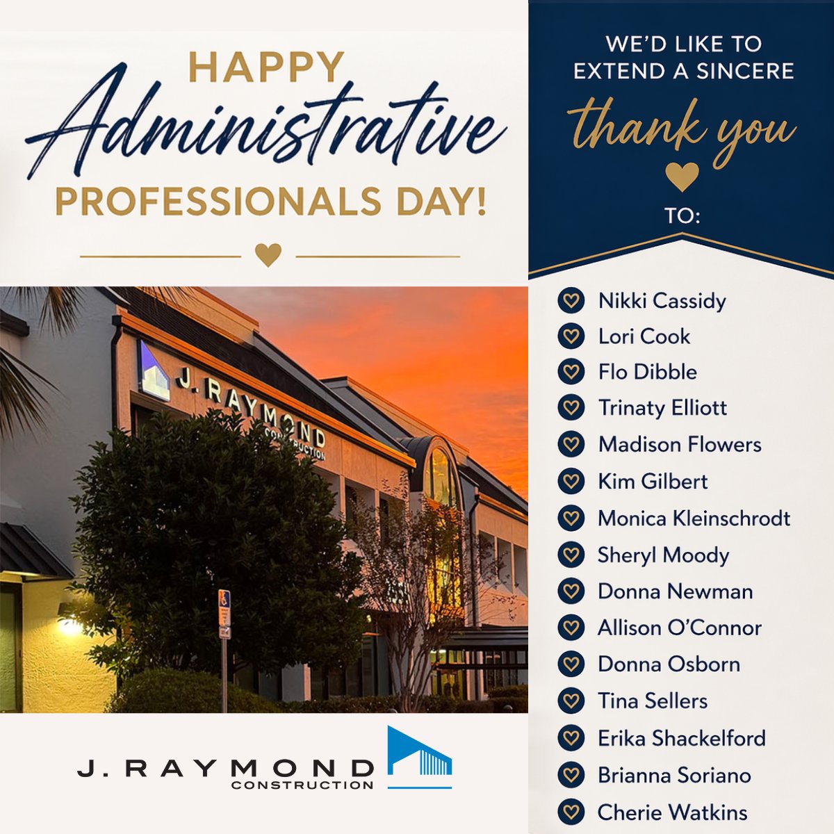 jraycorp's tweet photo. Grateful for the team behind the scenes who keep everything running. Thank you to our incredible administrative professionals for all you do today and every day. #AdminDay https://t.co/uCDdgaOm27