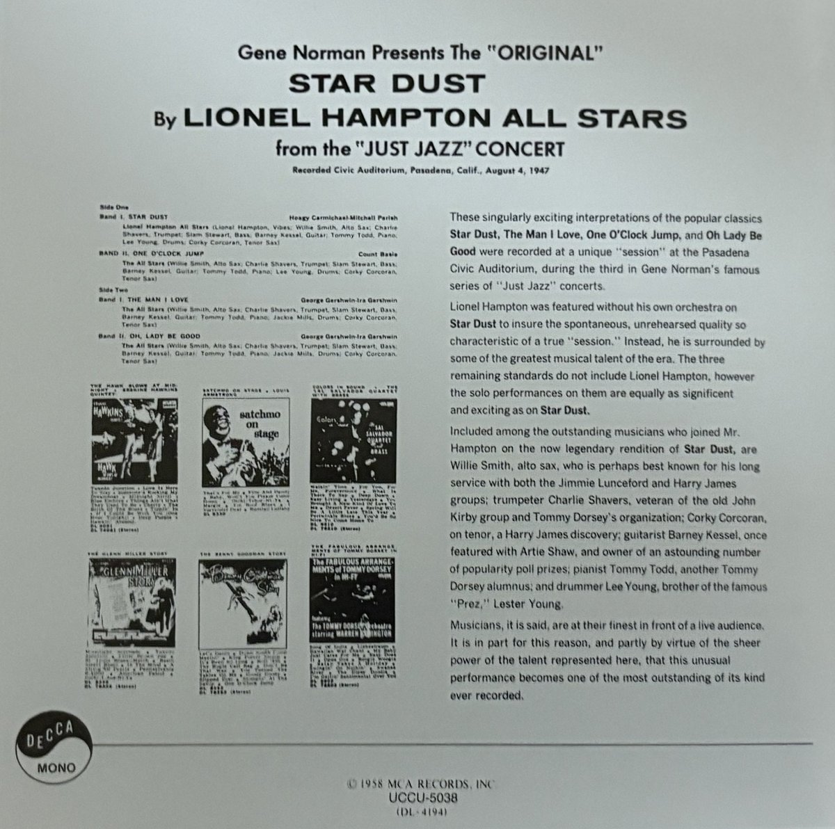 OM7341861341855's tweet photo. Lionel Hampton All Stars / Stardust https://t.co/ecB4mINJYt
ビブラフォン奏者として、MJQのM.ジャクソンやC.コリアとの共演があるG.バートン、そしてL.ハンプトンを聴いてみようと言われ
"STAR DUST"/LIONEL HAMPTON(1947年8月録音)
#LionelHampton
#CharlieShavers
#WillieSmith
#CorkyCorcoran https://t.co/k1XQRaRA2w