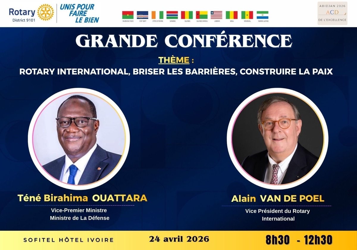 TBirahimaO's tweet photo. Ce vendredi 24 avril 2026, à partir de 8h30, au palais des congrès du Sofitel Hôtel Ivoire, j'aurai l'honneur de me joindre aux membres du Rotary District 9101 pour une Grande Conférence autour du thème: « Rotary International, Briser les Barrières, Construire la Paix » qui résonne directement avec l'engagement que je porte au quotidien pour la sécurité et la stabilité de notre nation. 

J'aurai le plaisir de partager ce panel avec M. Alain Van de Poel, Vice-Président du Rotary International. 

Nos échanges porteront sur des enjeux cruciaux que sont la coopération internationale comme levier de développement, la levée des barrières sociales et politiques pour une cohésion durable et la solidarité en tant qu'arme contre l'instabilité.

C'est avec cette conviction que j'interviendrai durant cette matinée, convaincu que la synergie entre l'État et des organisations dévouées comme le Rotary est la clé d'un avenir plus serein pour la Côte d'Ivoire et la sous-région.

#GouvCI
#ENGAGÉS
🇨🇮