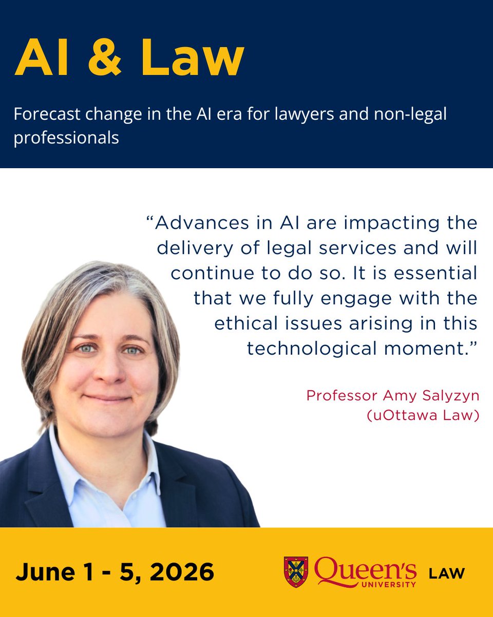 queensulaw's tweet image. The future of law is AI-powered. Join the AI and Law Intensive to learn how AI is reshaping Canadian law, from legal research to governance, IP, privacy, HR, health law, and more. Taught by leading experts. 

👉 Learn more: bit.ly/47uXudS  

 #LegalTech #AI #CPD