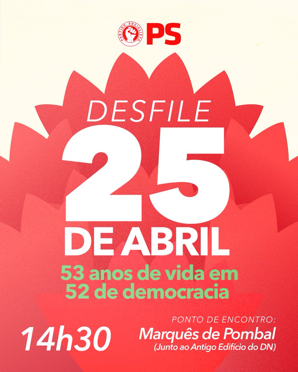 𝐏𝐨𝐫 𝐀𝐛𝐫𝐢𝐥, 𝐩𝐞𝐥𝐚 𝐝𝐞𝐦𝐨𝐜𝐫𝐚𝐜𝐢𝐚, 𝐩𝐨𝐫 𝐏𝐨𝐫𝐭𝐮𝐠𝐚𝐥 𝐬𝐞𝐦𝐩𝐫𝐞! 🌹

Vem celebrar connosco. O futuro de Abril também depende de ti. ✊🇵🇹

#PartidoSocialista #PS #AvançamosTodos