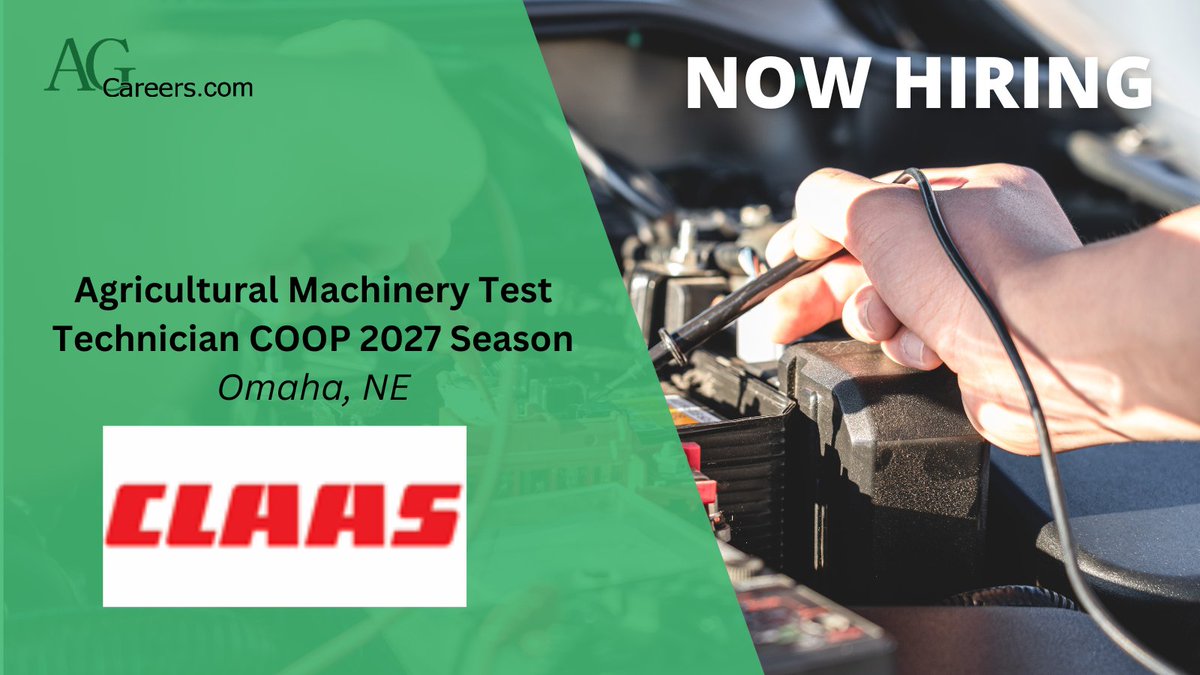 AgCareers's tweet image. .@CLAAS_America is looking to #HIRE an Agricultural Machinery Test Technician COOP 2027 Season in Omaha, NE!

In this role you will grow your testing and engineering skills by validating agricultural equipment through lab work.

Apply now on #AgCareers:
ow.ly/88Nw50YNwec