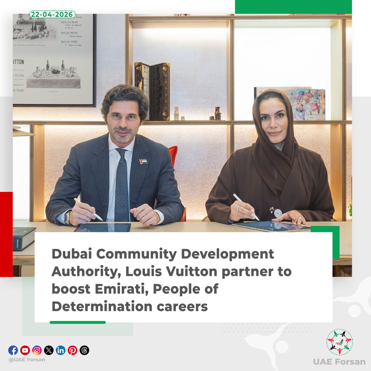 UAE_Forsan's tweet image. The Community Development Authority in Dubai (CDA) has signed a Memorandum of Understanding (MoU) with the global luxury brand Louis Vuitton to enhance career opportunities for Emirati talent and People of Determination
#Dubai #UAE #LouisVuitton 
@CDA_Dubai
 @DXBMediaOffice