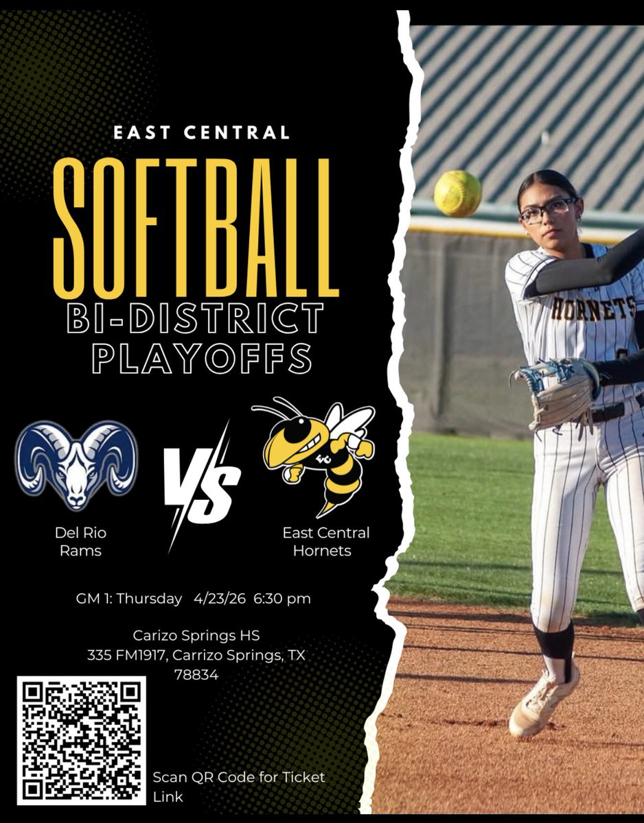_ECAthletics's tweet photo. YOUR TIME IS UP… OUR TIME IS NOW 💥
EC SOFTBALL vs DEL RIO
Bi-District Playoffs
4/23/26 | 6:30 PM
Carrizo Springs HS
YOU CAN’T SEE US… BUT YOU’LL HEAR US.
#ECHard #HornetNation #OurTimeIsNow
@_ECSoftball @ECISDtweets @ArriolaSuzette @maggiwelham https://t.co/tCA00mPYvU