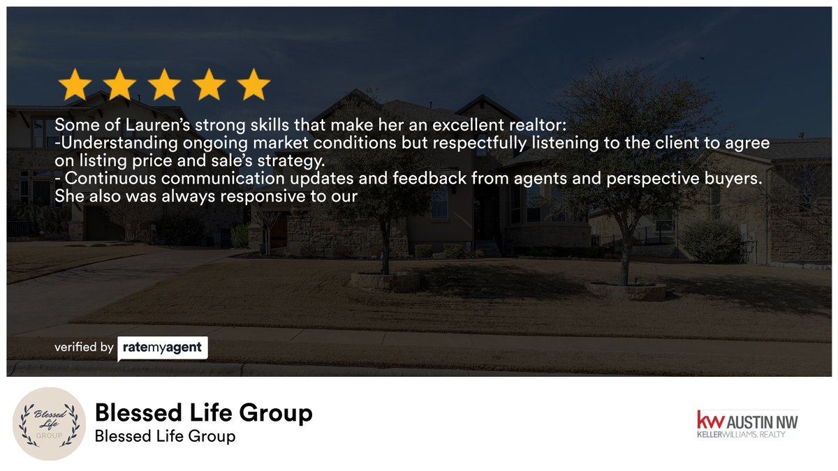 KWBlessing's tweet photo. Our team’s latest RateMyAgent review in Leander
TREC 671178
https://t.co/KIDlwwfmk1

...
#ratemyagent #realestate #Keller_Williams_Realty__Austin_NW https://t.co/tCYMESAj8r