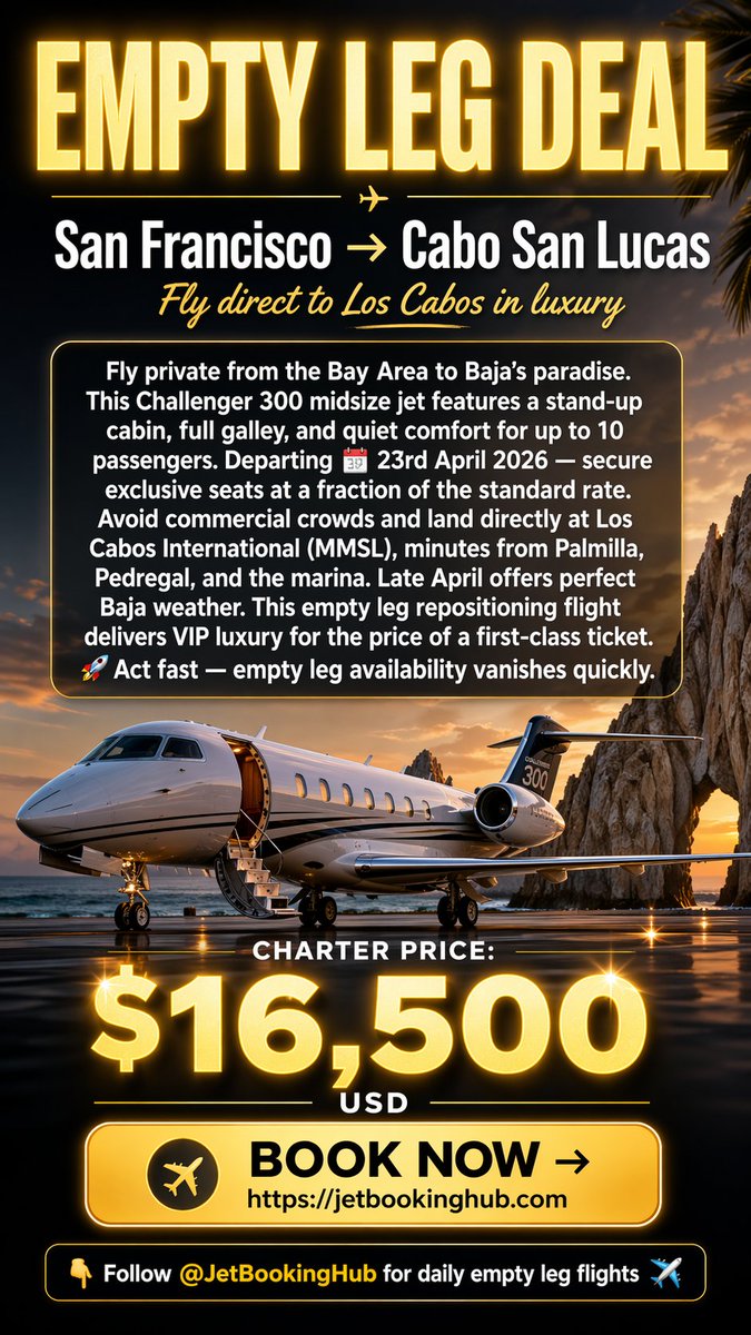 jetbookinghub's tweet image. Private jet deal from San Francisco ✈️ Cabo San Lucas

Challenger 300 | Up to 10 pax | April 23
💰 $16,500 (entire jet)

Skip crowds.

👉 jetbookinghub.com

#SanFranciscoCaliforniaUSA #PrivateJet #EmptyLeg #LuxuryTravel #FlyPrivate #JetLife #LosCabos #TravelDeals