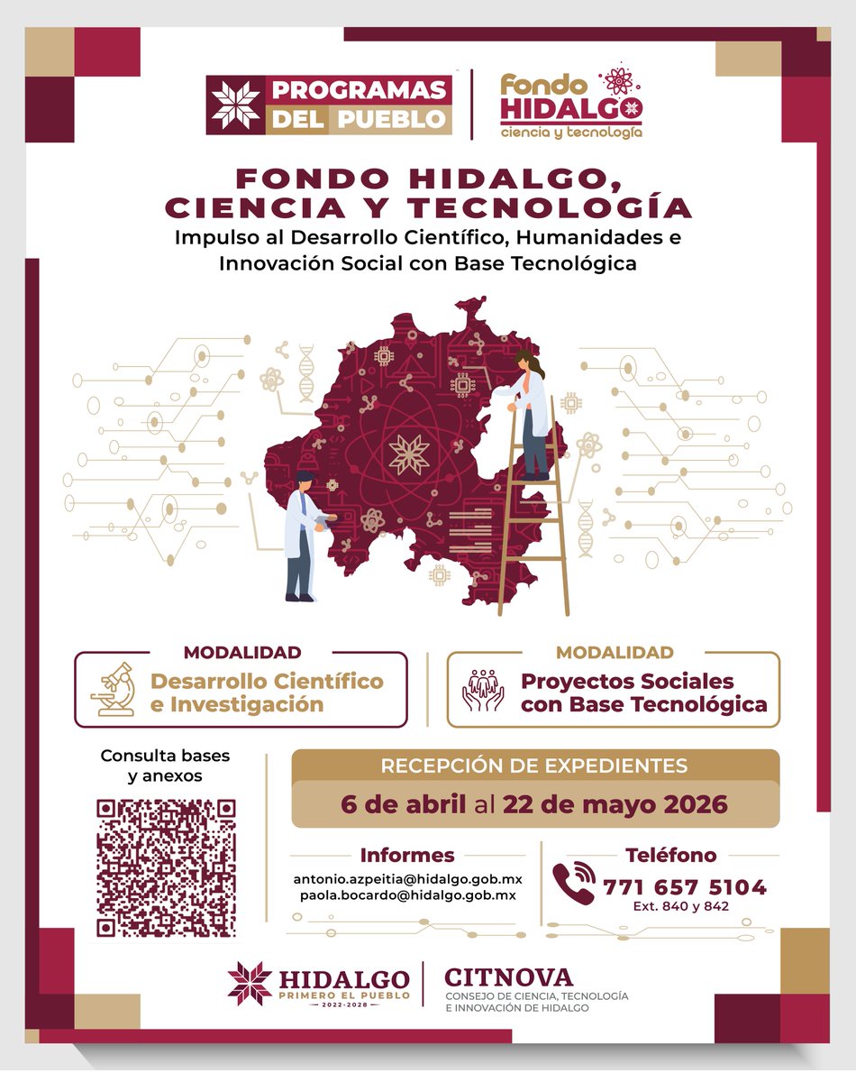 Ya esta abierta la convocatoria de Fondo Hidalgo, Ciencia y Tecnología para proyectos de investigación, desarrollo científico e innovación social con base tecnológica.

Una oportunidad para convertir ideas en soluciones reales para Hidalgo.

#PrimeroElPueblo