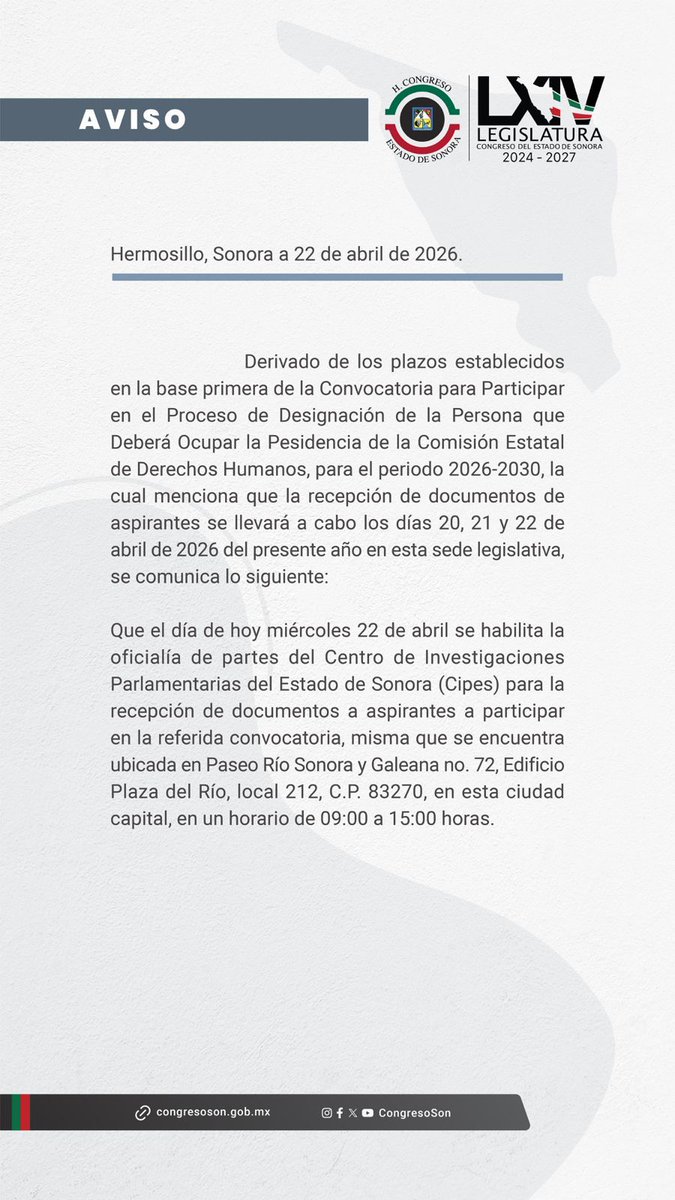 Periodicasosjeg's tweet image. El #CongresodelEstadodeSonora convoca a la ciudadanía a participar en el proceso de designación de la Presidencia de la #ComisiónEstataldeDerechosHumanos para el periodo 2026-2030.

#Sonora #Diputados #Congreso