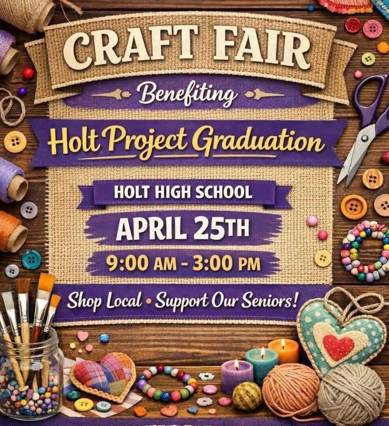 NationHolt's tweet photo. Don’t miss out! Come to Holt for our annual craft fair supporting project graduation !!! Support local vendors. 
Saturday April 25 
9:00am - 3:00 pm https://t.co/w1hchPNodV