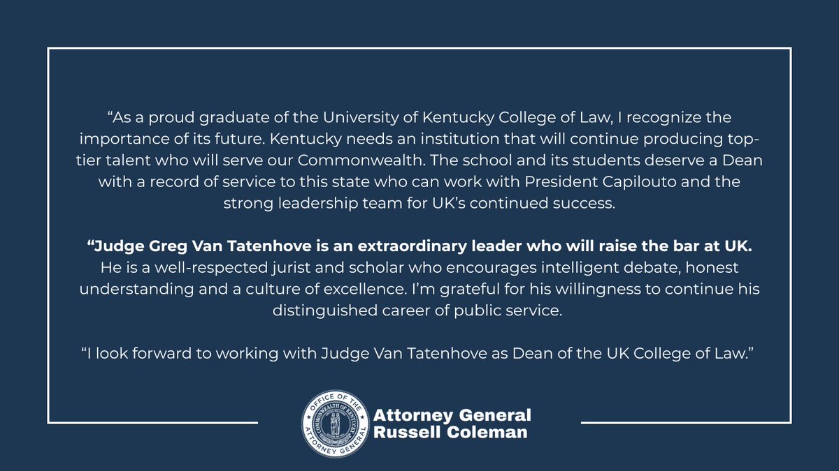 kyoag's tweet photo. As a proud graduate of the @ukcollegeoflaw, I recognize the importance of its future. Judge Greg Van Tatenhove is an extraordinary leader who will raise the bar at UK.

I look forward to working with Judge Van Tatenhove as Dean of the UK College of Law. https://t.co/2lyS9nNOGP