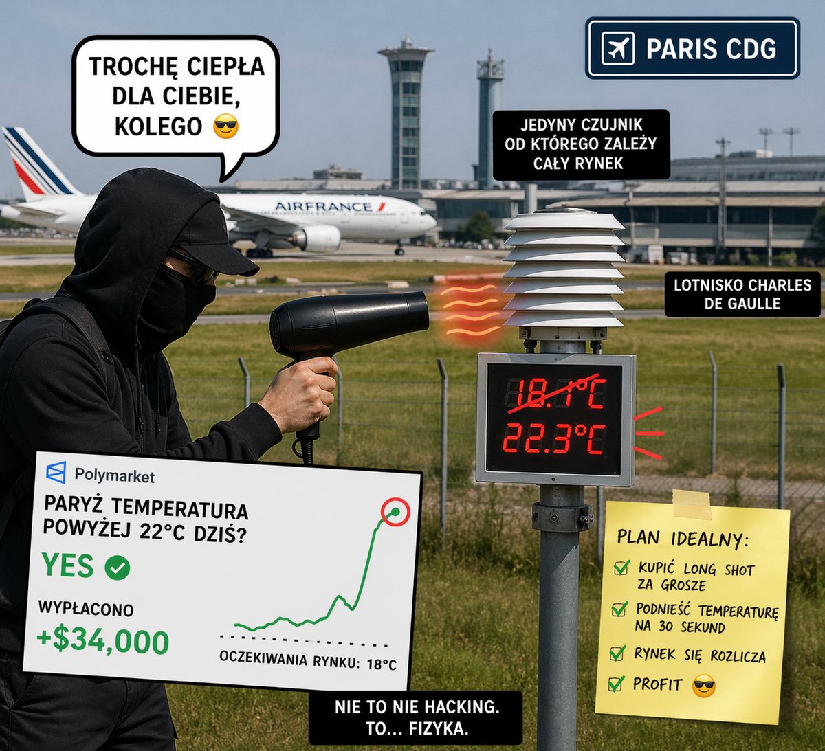 Czy pamiętacie historię z lotniskiem we Francji i zakładami pogodowymi na Polymarket? Cóż, ta historia zrobiła się jeszcze bardziej absurdalna i wygląda na to, że nie miało to nic wspólnego z IT, tylko z przenośnym źródłem ciepła, takim jak suszarka do włosów.

Okazało się, że