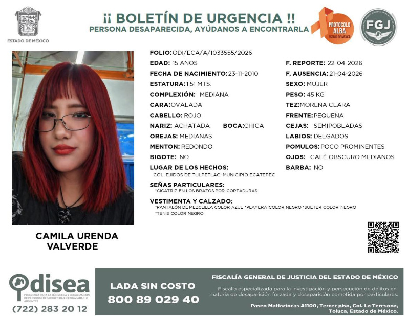 adnnoticiasmx's tweet image. 🚨 Se solicita apoyo para localizar a Camila Urenda Valverde, de 15 años, vista por última vez en la colonia Ejidos de Tulpetlac, en Ecatepec, #Edomex. Cualquier información puede ser valiosa