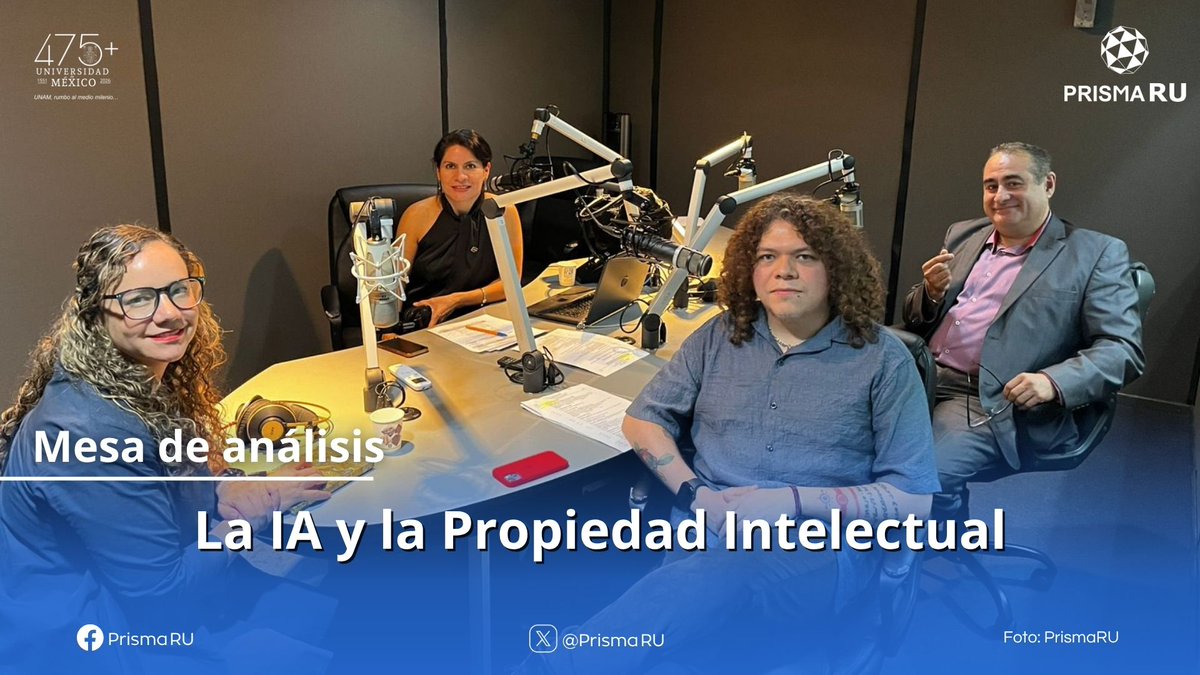 PrismaRU's tweet photo. ✍️ MESA DE ANÁLISIS | La IA y la Propiedad Intelectual
Para hablar con nuestra conductora @deyanira_moran sobre el tema nos acompañan:

🔹 El Dr. Óscar Lozano Carrillo (@Oscar_Lozano_C), coordinador del Laboratorio de IA del Departamento de Administración de la @UAMAzcOficial.

🔹 La Dra. Ana Georgina Alba Betancourt (@angealbe), doctora en derecho mercantil por la @QMUL. Coordinadora de la línea de investigación en propiedad intelectual del @IIJUNAM.

🔹 El Mtro. Enrique Francisco Soto Astorga, maestro en Filosofía de la Ciencia. Desde 2022 se desempeña como parte del cuerpo docente del Departamento de Matemáticas de la @fciencias, donde se ha centrado en impartir cursos de Teoría de la Computación, Lenguajes Formales y Filosofía de la Computación.

#RelatamosAlMundo 🌎 #RadioUNAM 96.1 FM 📻