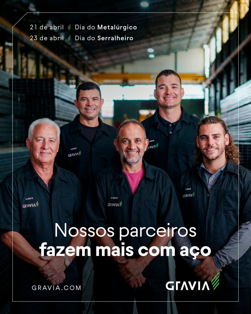 Parabéns, metalúrgicos e serralheiros, parceiros Gravia de todos os dias! São vocês que executam as melhores soluções de aço na indústria, na serralheria, no agro e na construção civil. Recebam nossa admiração, gratidão e respeito. 
#Metalúrgico #Serralheiro #GraviaSempreAdiante