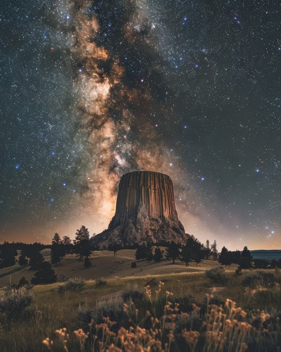 astrooalert's tweet photo. Milky Way pictured over the Devil Tower, Wyoming USA🌌 https://t.co/bdMQQuDTxe
